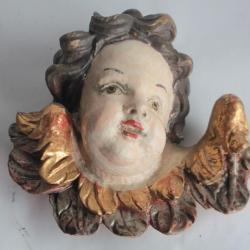 Ancien Putti tête d'ange bois polychrome et doré