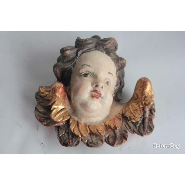 Ancien Putti tte d'ange bois polychrome et dor