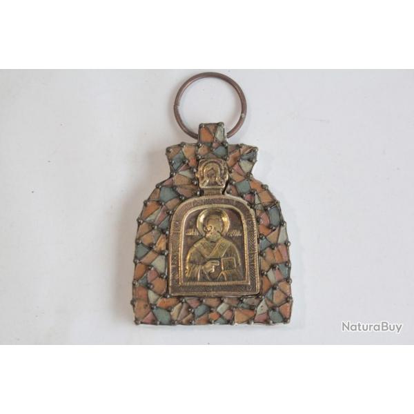 Ancienne Icne Mdaille orthodoxe russe bronze Saint Nicolas