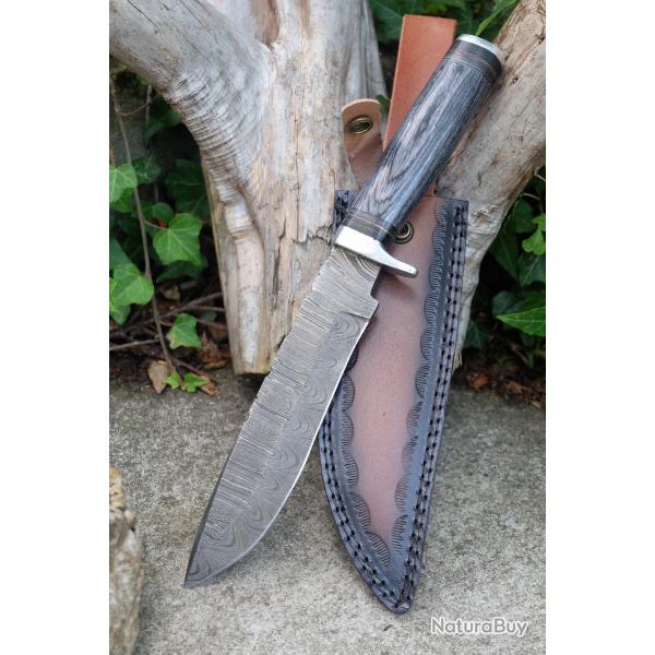 Poignard XXL Couteau Damas Lame 256 Couches Lame Clip Point Manche Bois Fabr Artisan Etui Western