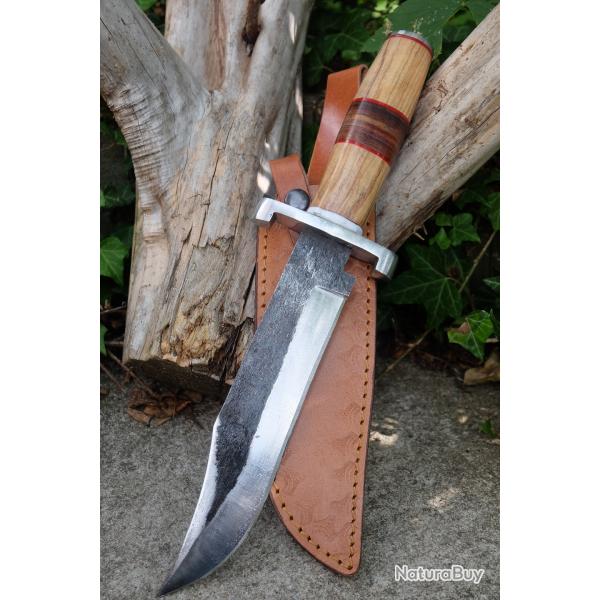 Gros Couteau De Trappeur Chasse Bowie Lame Acier Carbone 1075 Etui Cuir Manche Bois Fabr Artisanale