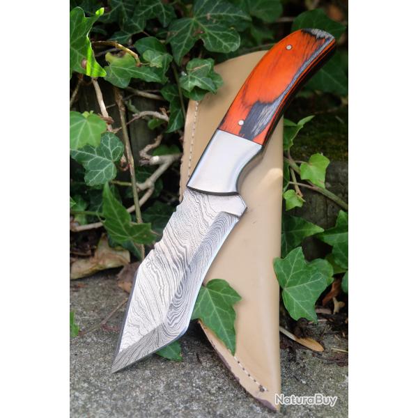 Mini Katana Couteau Tanto Damas Lame 256 Couches Manche Bois & Acier Fabric Artisanale Etui Cuir