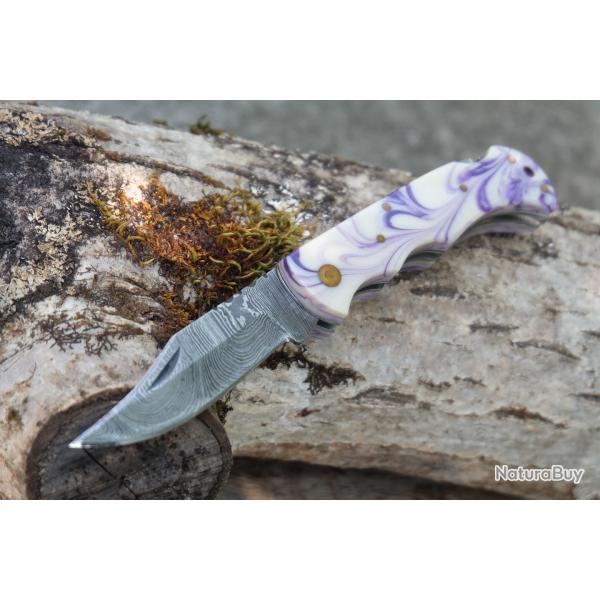 Couteau Lame Damas 128 Couches Manche Rsine Purple Faon Buck 112 Fabric Artisanale Lockback
