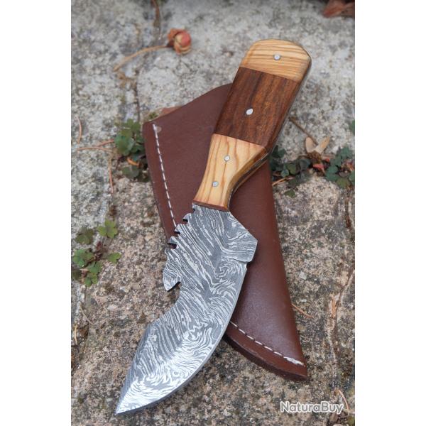 Couteau Skinner Damas Lame Acier 256 Couches Ouvre Bouteilles Manche Bottle Etui Cuir Fabr Artisan