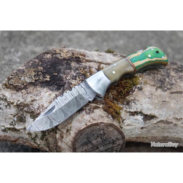 Couteau Lame Damas 128 Couches Style Buck 112 Manche Bois Green & Os Lockback Fabric Artisanale