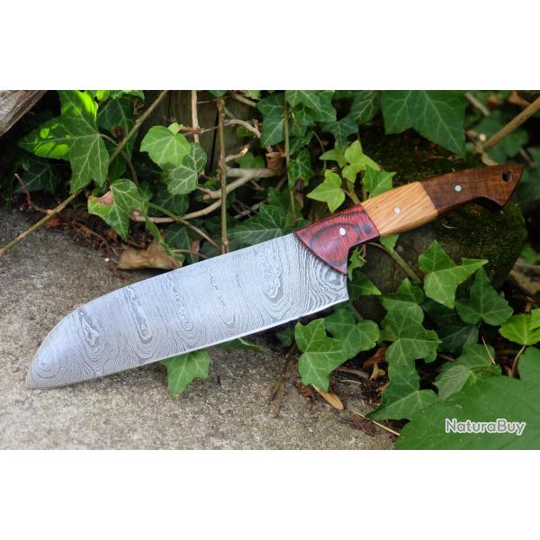 Couteau De Cuisine Santoku Lame Acier Damas 256 Couches Manche 3 Bois Fabrication Artisanale 001