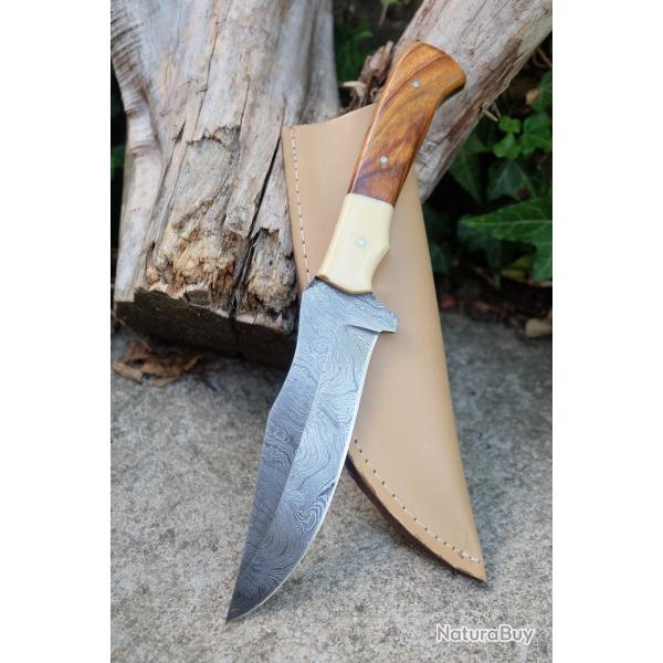 Poignard Couteau de Chasse Damas Lame 256 Couches Manche Bois Mitres Os Fabr Artisanale Etui Cuir