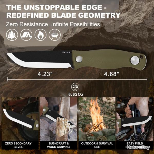 Couteau Kizer Polaris Green Lame Acier Carbone 1095 Scandi Manche G10 tui Kydex KI1100A2