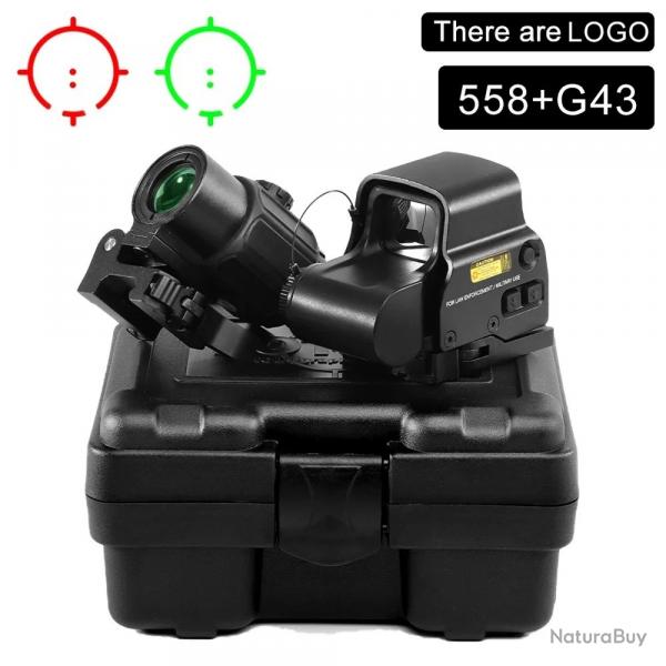 Viseur Holographique 558 + Loupe G43 3X  Point Rouge/Vert Fixation Rapide pour Rail Picatinny Noir