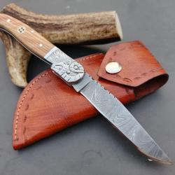 couteau de poche pliant fair À Main Lame Acier Damas Manche En Bois De Olive