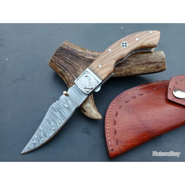 couteau de poche pliant fair  Main Lame Acier Damas Manche En Bois De Olive 1