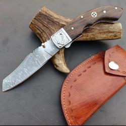 couteau de poche pliant fair À Main Lame Acier Damas Manche En Bois De Wengé 1