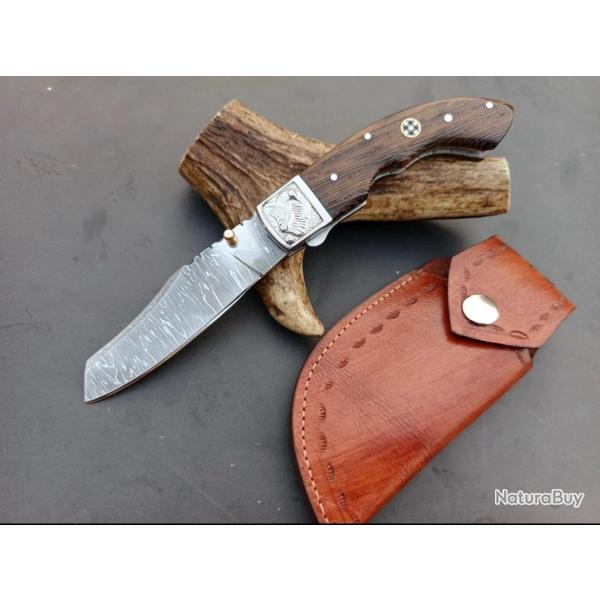 couteau de poche pliant fair  Main Lame Acier Damas Manche En Bois De Weng 1