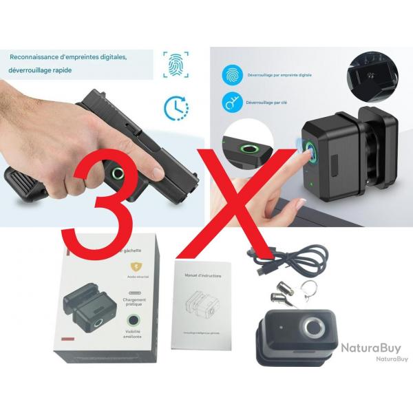 Lot de 3 verrous de pontet biomtriques avec cls de secours - Scurit maximale pour vos armes