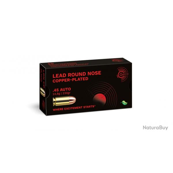 50 munitions GECO .45 ACP 14.9g 230gr LRN (Lead Round Nose Copper Plated)