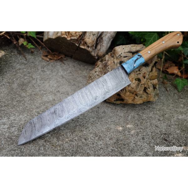 Couteau de Cuisine Style Japonais Kiritsuke Lame Acier Damas 256 Couches Manche Bois/Rsine Artisan