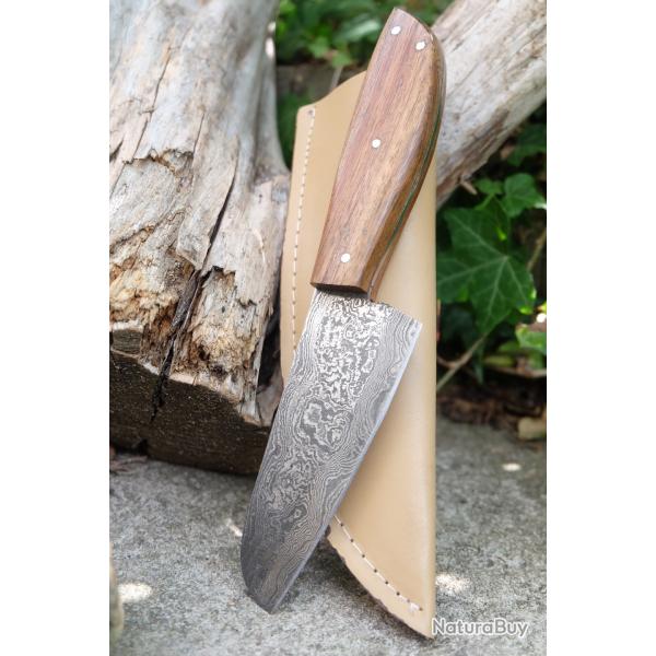 Skinner Couteau de Chasse/Cuisine Damas Lame 256 Couches Manche Bois Fabric Artisanale Etui Cuir