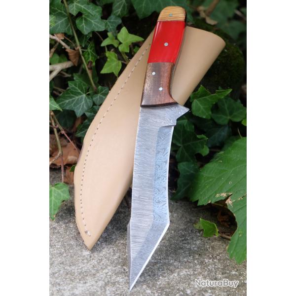 Mini Katana Couteau Tanto Damas Lame 256 Couches Manche Bois & Rsine Fabric Artisanale Etui Cuir