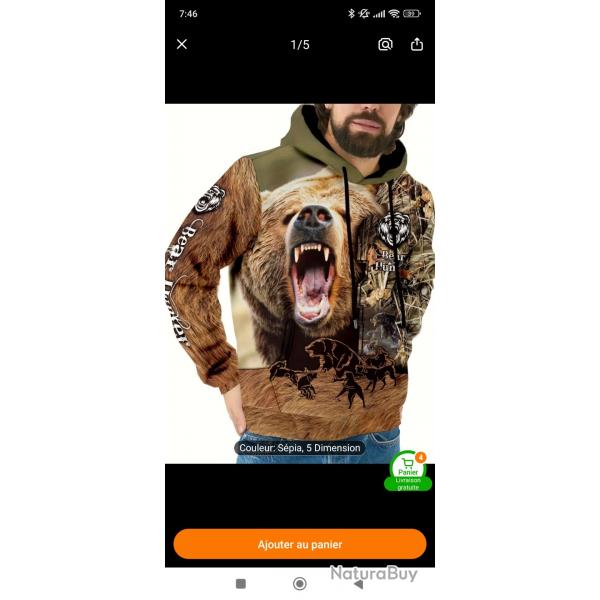 Sweat chasse imprim Ours