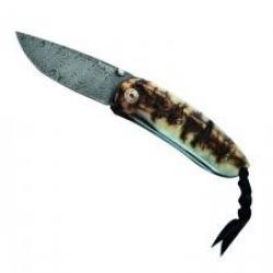 Couteau Lionsteel MINI lame acier damas inox à cran intérieur +manche corne bélier +coffret en bois