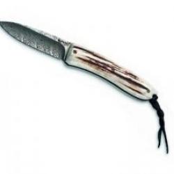 Couteau Lionsteel OPERA lame acier damas inox à cran +coffret +manche cerf véritable