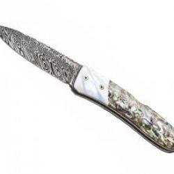 Couteau Lionsteel OPERA lame acier damas inox à cran +coffret +manche abalone