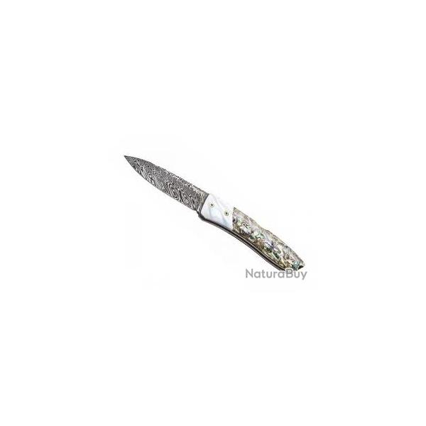 Couteau Lionsteel OPERA lame acier damas inox  cran +coffret +manche abalone
