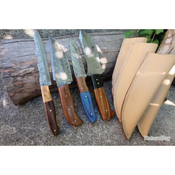 LOT DE 4 Couteau Skinner Damas Lame Acier 256 Couches Manche Bois Etui Simili Cuir Fabr Artisanale