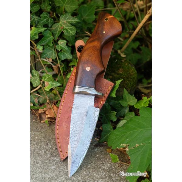 Couteau Skinner Damas Lame Harpoon 256 Couches Manche Bois Etui Cuir Fabricat Artisanale