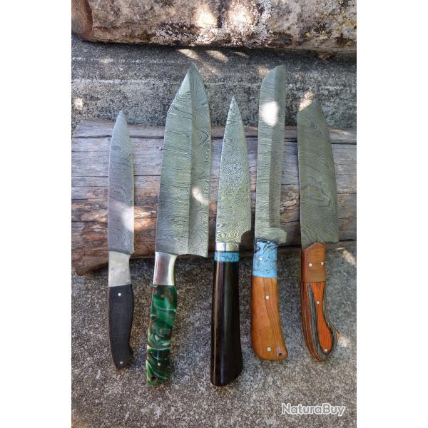 LOT DE 5 Couteau De Cuisine Couteau de Chef Lame Acier Damas 256 Couches Fabrication Artisanale