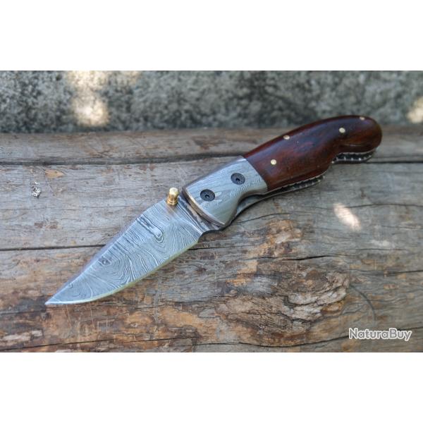 Beau Couteau Damas Lame 128 Couches Manche Bois Mitres Damas Fab Artisanale Linerlock