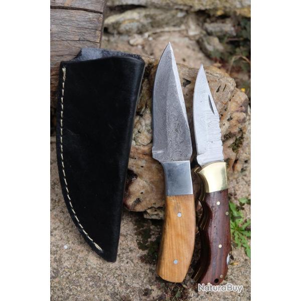 Lot de 2 Couteaux:  Skinner Damas Lame 256 Couches Etui Cuir + Pliant Lame 128 Couches Style Buck 08
