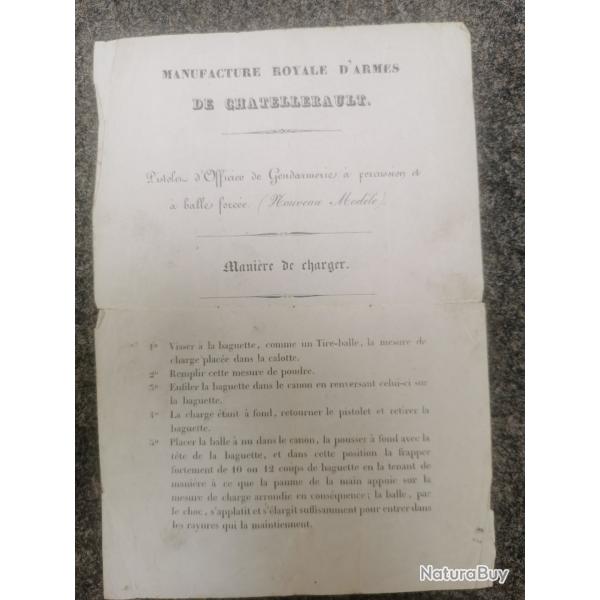 Rare document pour charger le pistolet de gendarmerie