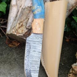 Couteau Bowie Damas Lame Drop Point Acier 256 Couches Manche Résine & Bois Etui Cuir Fab Artisanale
