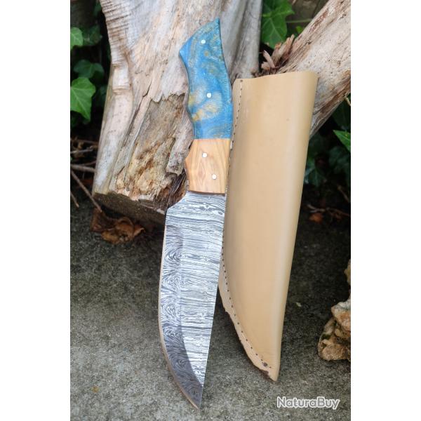 Couteau Bowie Damas Lame Drop Point Acier 256 Couches Manche Rsine & Bois Etui Cuir Fab Artisanale