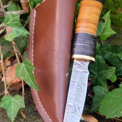 Puukko Couteau Damas Lame 256 Couches Manche 2 Bois Fabric Artisanale Etui Cuir Nordic Style