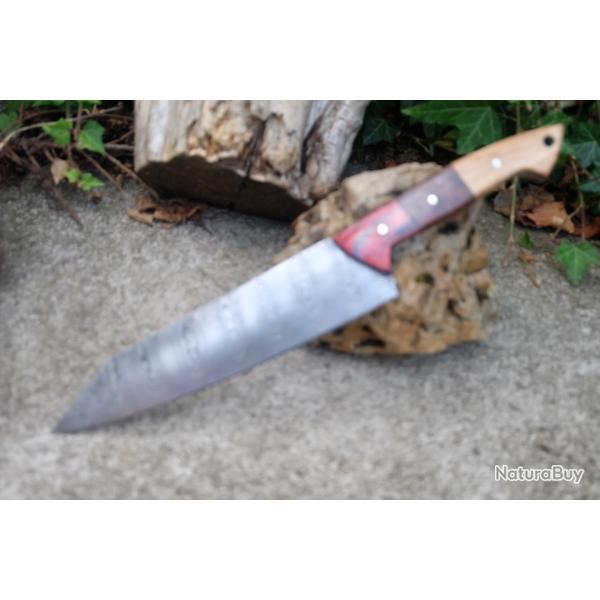 Couteau de Cuisine Style Japonais Kiritsuke Lame Acier Damas 256 Couches Manche 3 Bois Fab Artisanat