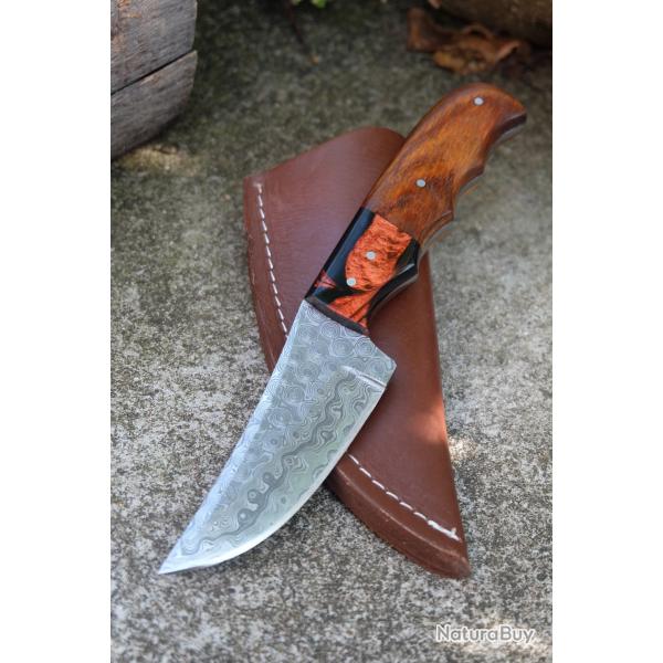 Couteau Skinner Damas Lame Upswept Acier 256 Couches Manche Bois & Rsine Etui Cuir Fabr Artisanale