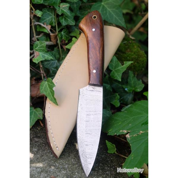 Couteau Skinner Damas Lame Drop Point Acier 256 Couches Manche Rosewood Etui Cuir Fabr Artisanale