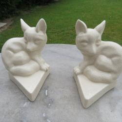 Ancienne paire de serre livres en faïence craquelée a décor de renard, Émaux de Louvière - BELGIQUE