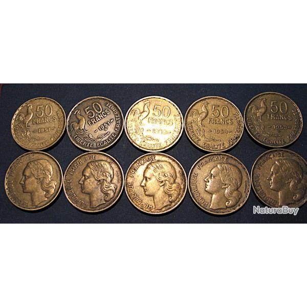 5 pieces de 50 francs Guiraud 1951-51b-52-53-53b bronze d'aluminium