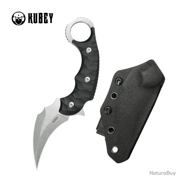 Couteau Kubey Velociraptor Black Karambit Lame Trailing Point Acier 14C28N Manche G10 tui KUB448A