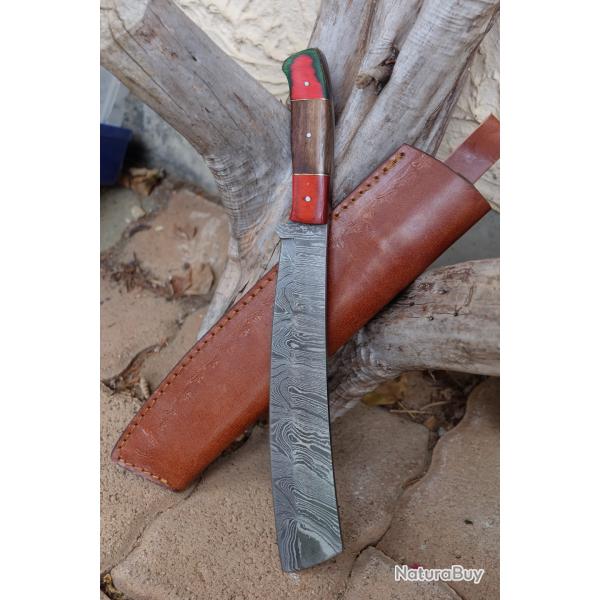 Mini Katana Dao Lame Acier Damas 256 Couches Tanto Reverse Manche Bois Etui Cuir Fabric Artisanale