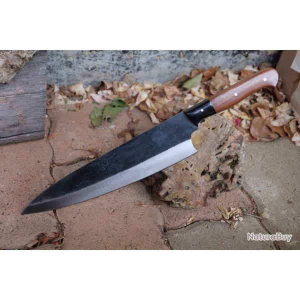 Couteau de Cuisine Lame Acier Carbone 1055 Manche Bois Fabricat Artisanale Couteau de Chef