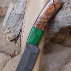 Couteau Chasseur D'or Damas Lame Acier 256 Couches Manche Résine/Bois Etui Cuir Fabr Artisanale