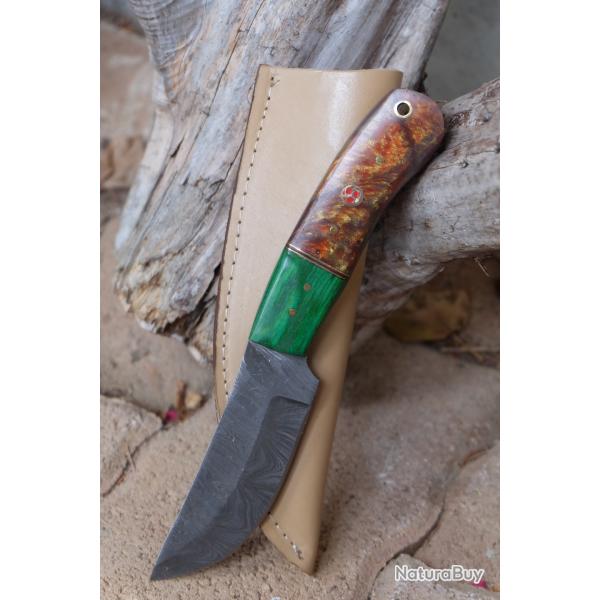 Couteau Chasseur D'or Damas Lame Acier 256 Couches Manche Rsine/Bois Etui Cuir Fabr Artisanale