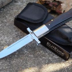 Couteau ElitEdge Dague Pliant Lame Acier 440C Manche Bois Lockback Etui Nylon