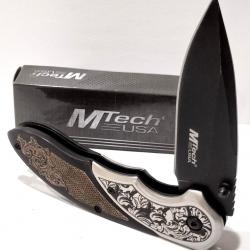 Couteau MTech A/O Linerlock Manche Bois Façon Crosse Marron Bolsters Acier Lame Satinée Acier 3Cr13