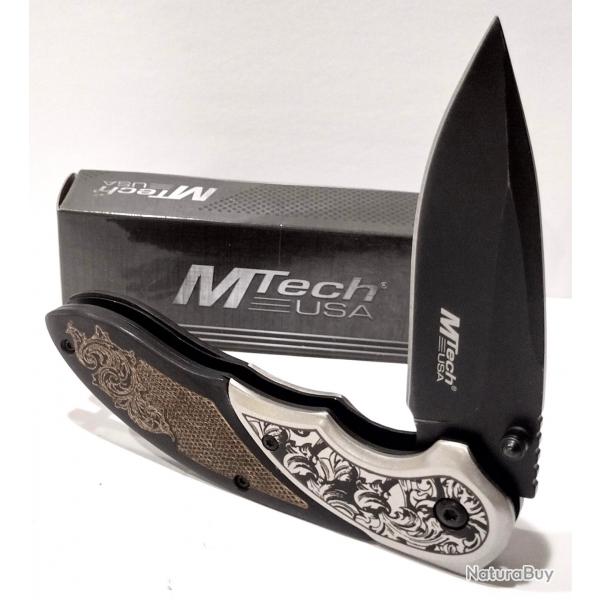Couteau MTech A/O Linerlock Manche Bois Faon Crosse Marron Bolsters Acier Lame Satine Acier 3Cr13