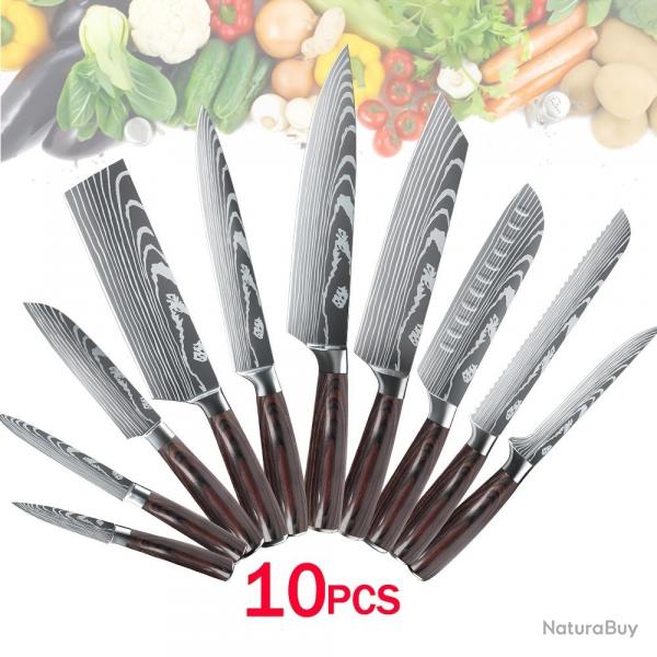 LOT EXCEPTIONNEL : Couteaux Cuisine Pro Motif Damas Lame Inox - lgance & Prcision !, Modele: 10p